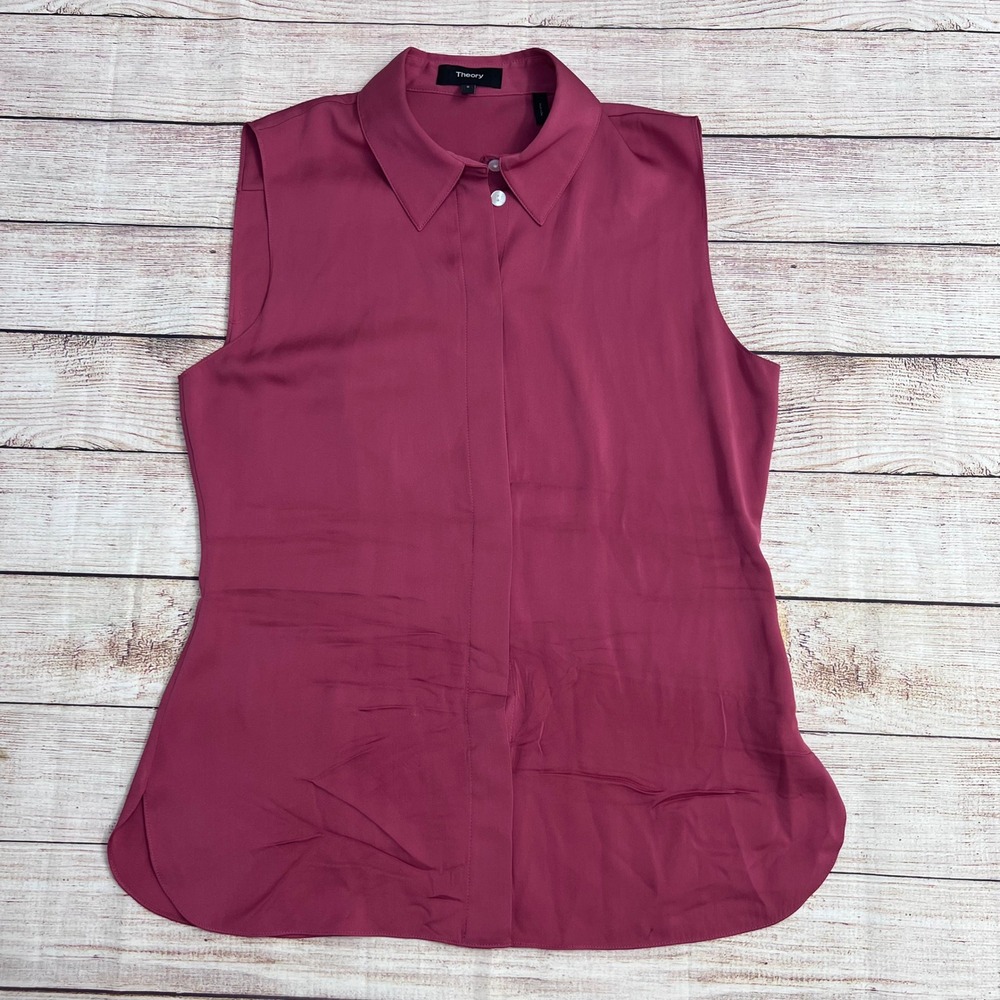 Theory Women Raspberry/Magenta Silk Sleeveless‎ Fitted Georgette Blouse Size Sm